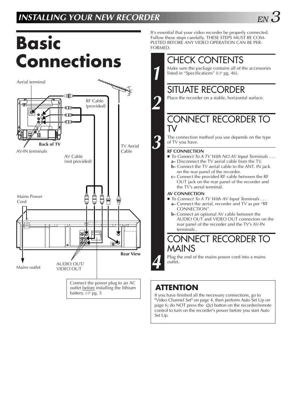 Basic connections, Check contents, Situate recorder | Connect recorder to tv, Connect recorder to mains, Installing your new recorder | JVC HR-J655EA User Manual | Page 3 / 48