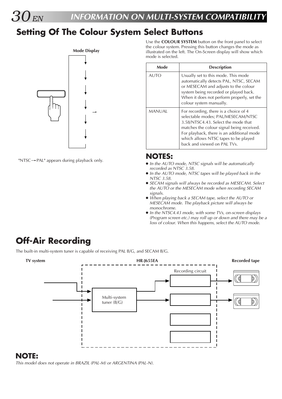 Information on multi-system compatibility, Setting of the colour system select buttons, Off-air recording | JVC HR-J655EA User Manual | Page 30 / 48