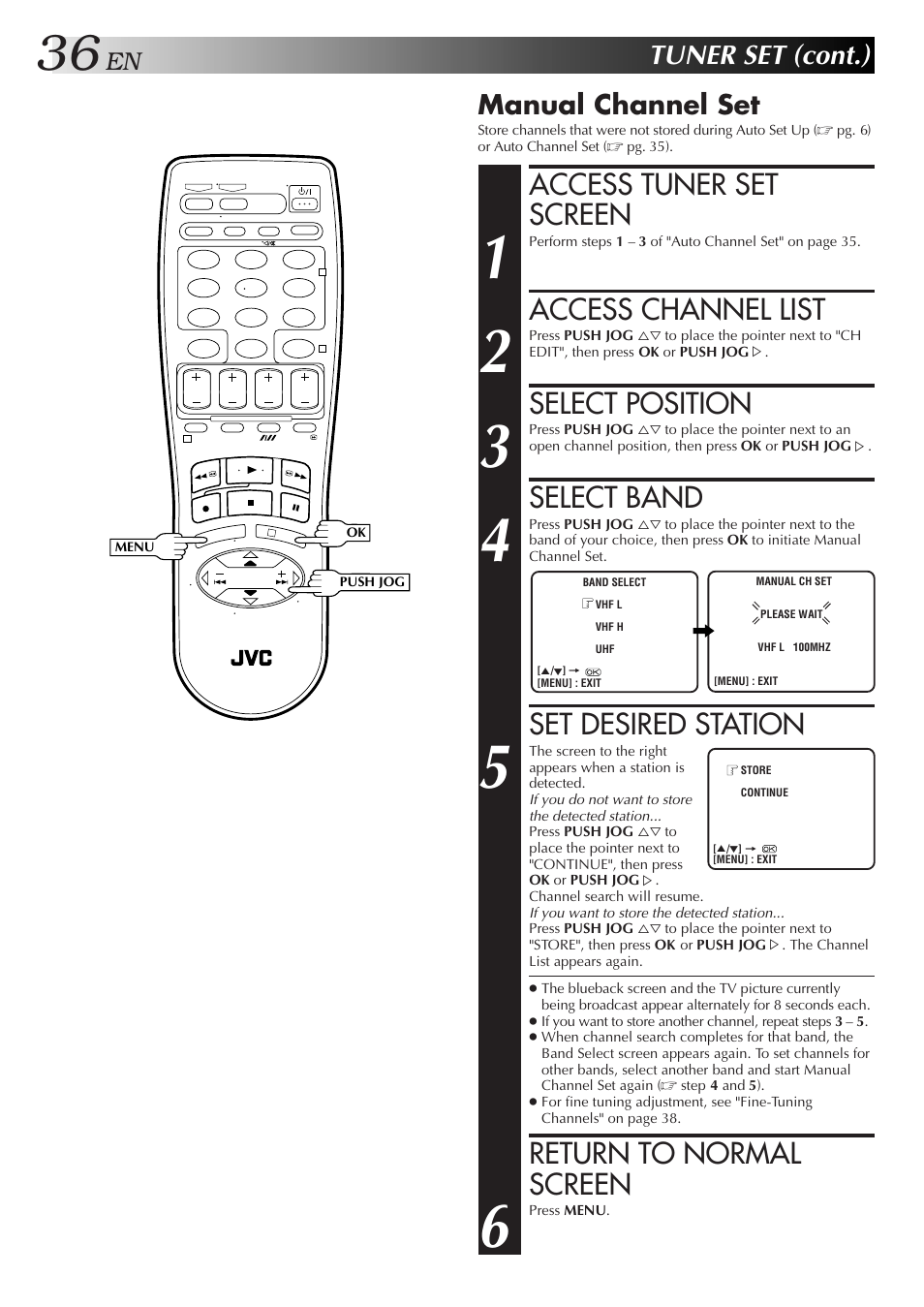 Access tuner set screen, Access channel list, Select position | Select band, Set desired station, Return to normal screen, Tuner set (cont.), Manual channel set | JVC HR-J655EA User Manual | Page 36 / 48