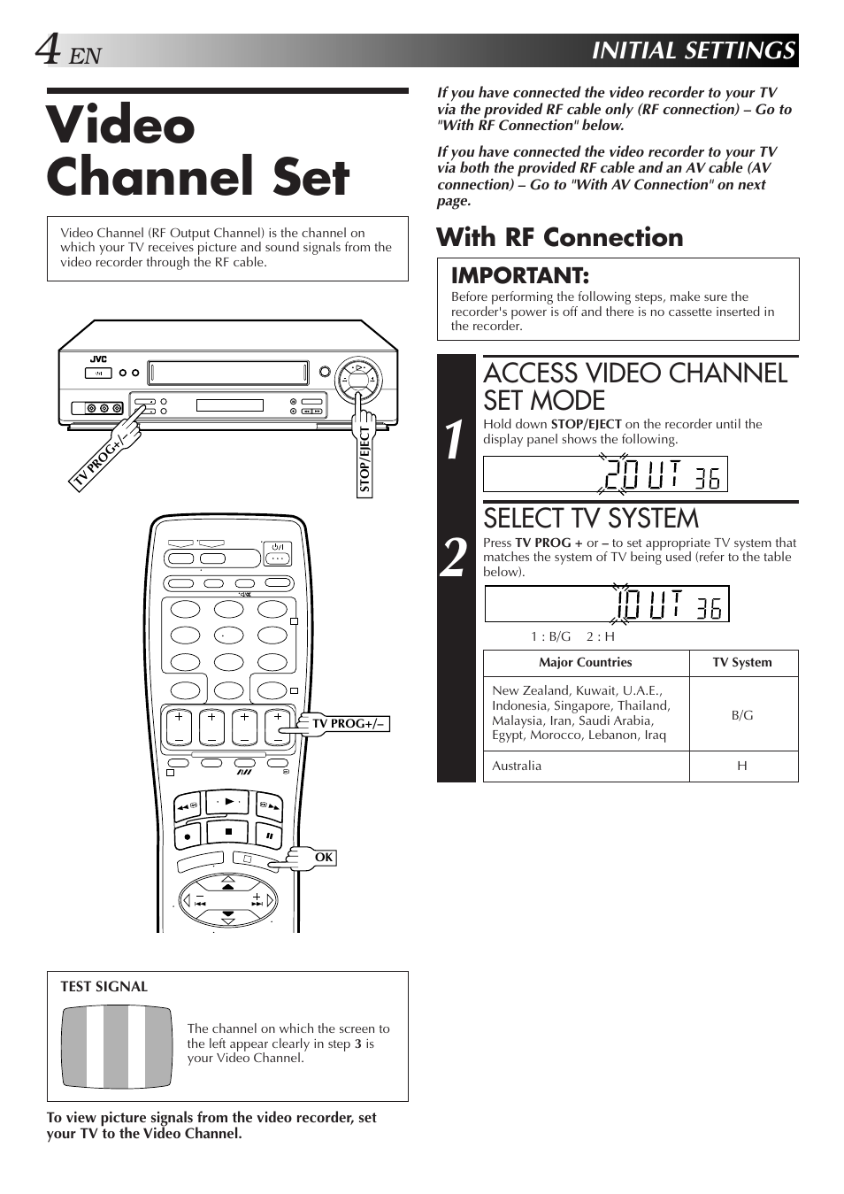 Video channel set, Access video channel set mode, Select tv system | Initial settings, With rf connection, Important | JVC HR-J655EA User Manual | Page 4 / 48