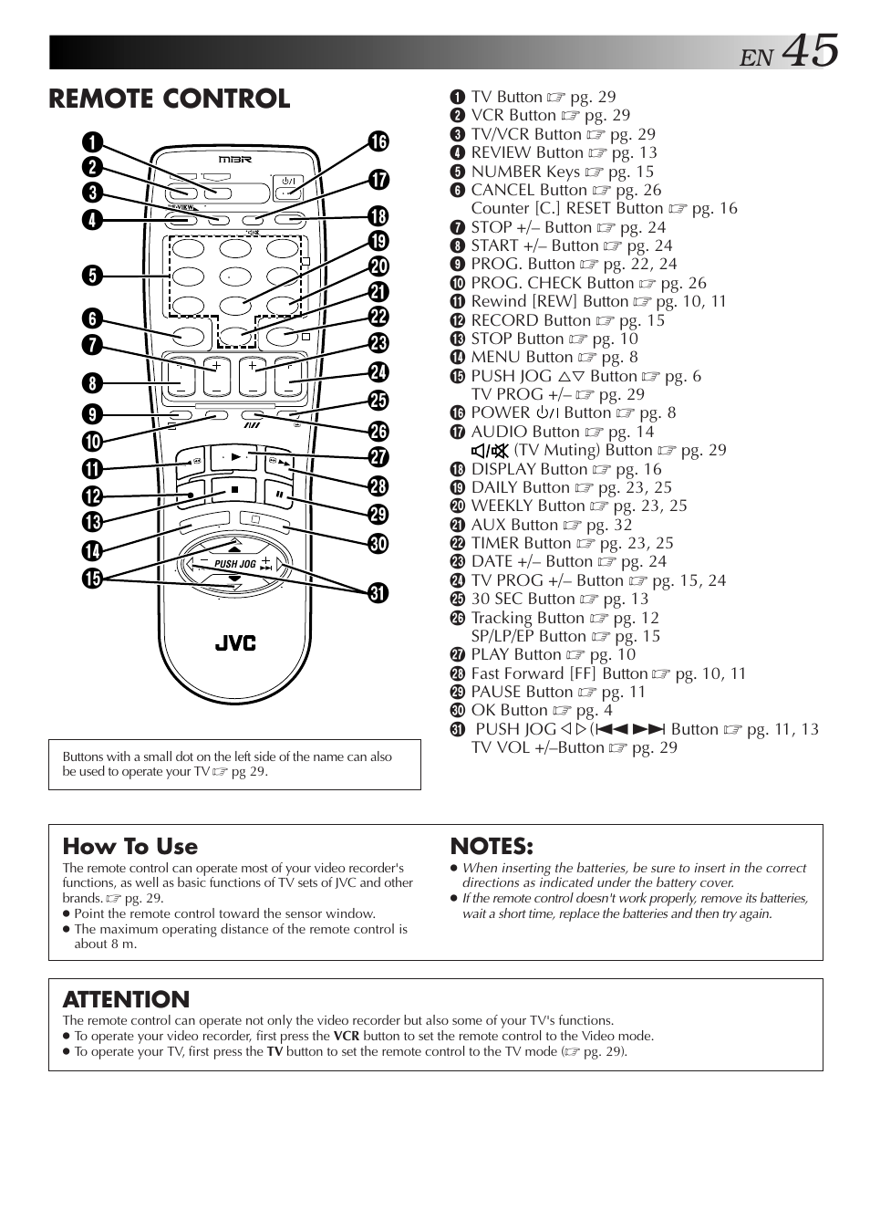 Remote control, How to use, Attention | JVC HR-J655EA User Manual | Page 45 / 48