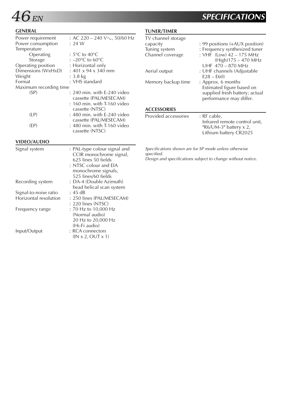 Specifications | JVC HR-J655EA User Manual | Page 46 / 48