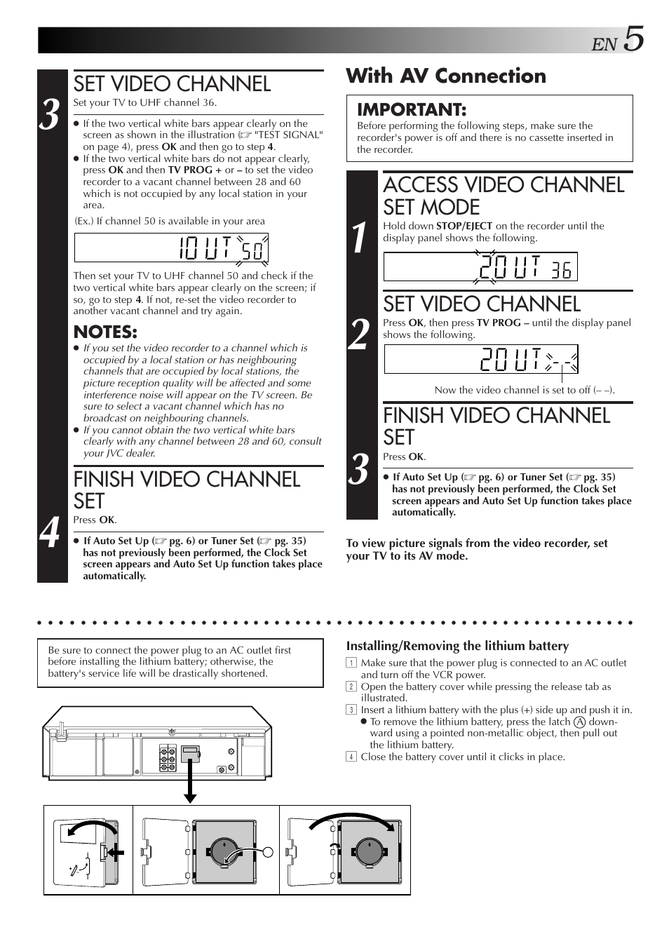 Set video channel, Finish video channel set, Access video channel set mode | With av connection, Important, Installing/removing the lithium battery | JVC HR-J655EA User Manual | Page 5 / 48