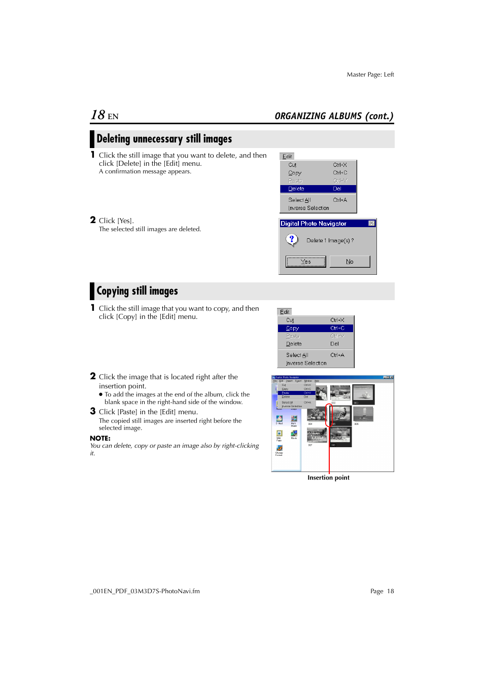 Deleting unnecessary still images, Copying still images, Organizing albums (cont.) | JVC Digital Photo Navigator ImageMixer with VCD LYT1116-001A User Manual | Page 18 / 50