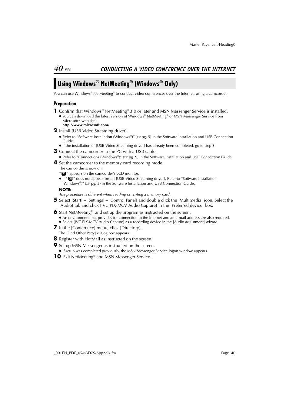 Conducting a video conference over the internet, Using windows® netmeeting® (windows® only), Preparation | Using windows, Netmeeting, Windows, Only), Preparation 1 | JVC Digital Photo Navigator ImageMixer with VCD LYT1116-001A User Manual | Page 40 / 50