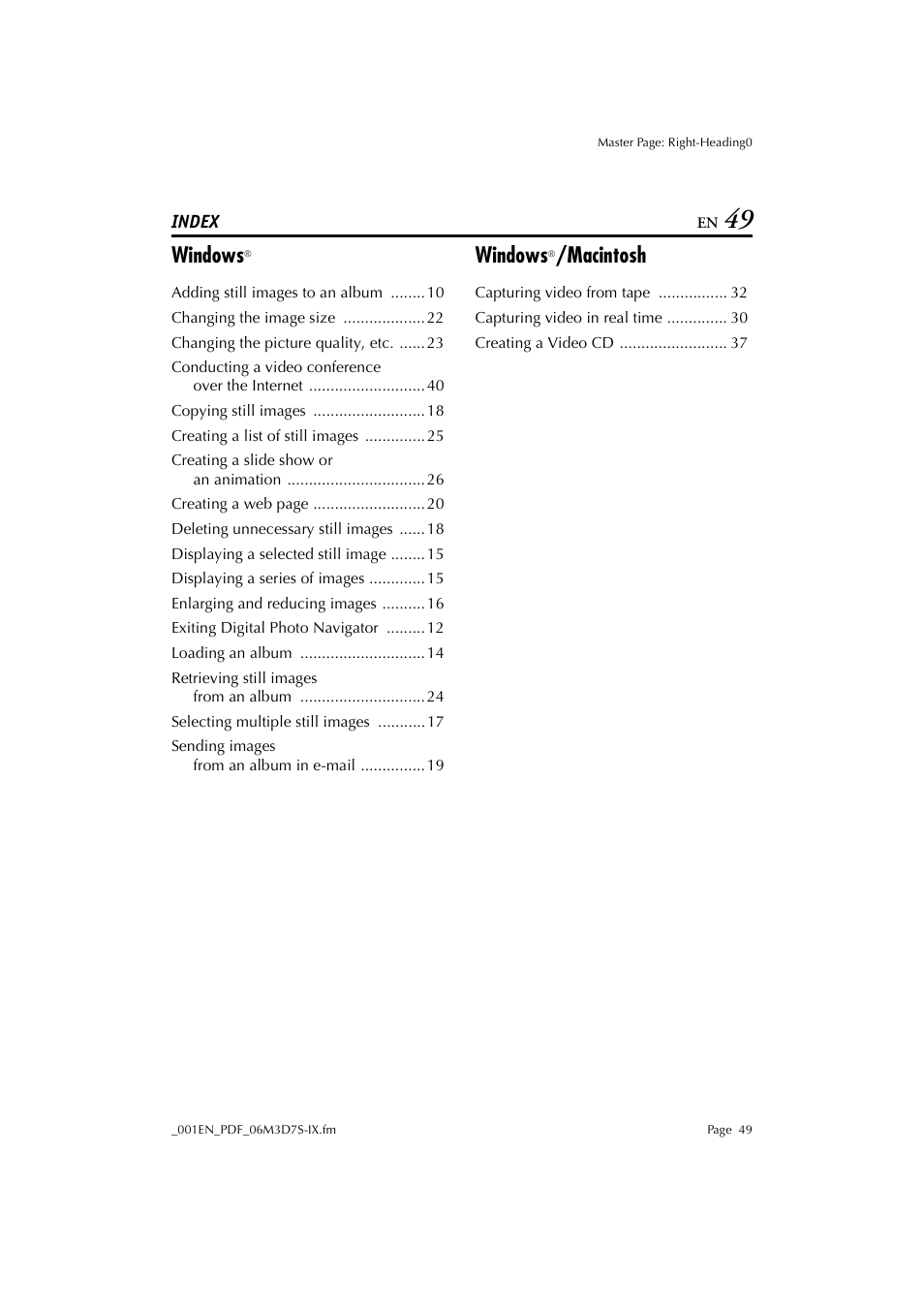 Index, Windows, Macintosh | JVC Digital Photo Navigator ImageMixer with VCD LYT1116-001A User Manual | Page 49 / 50