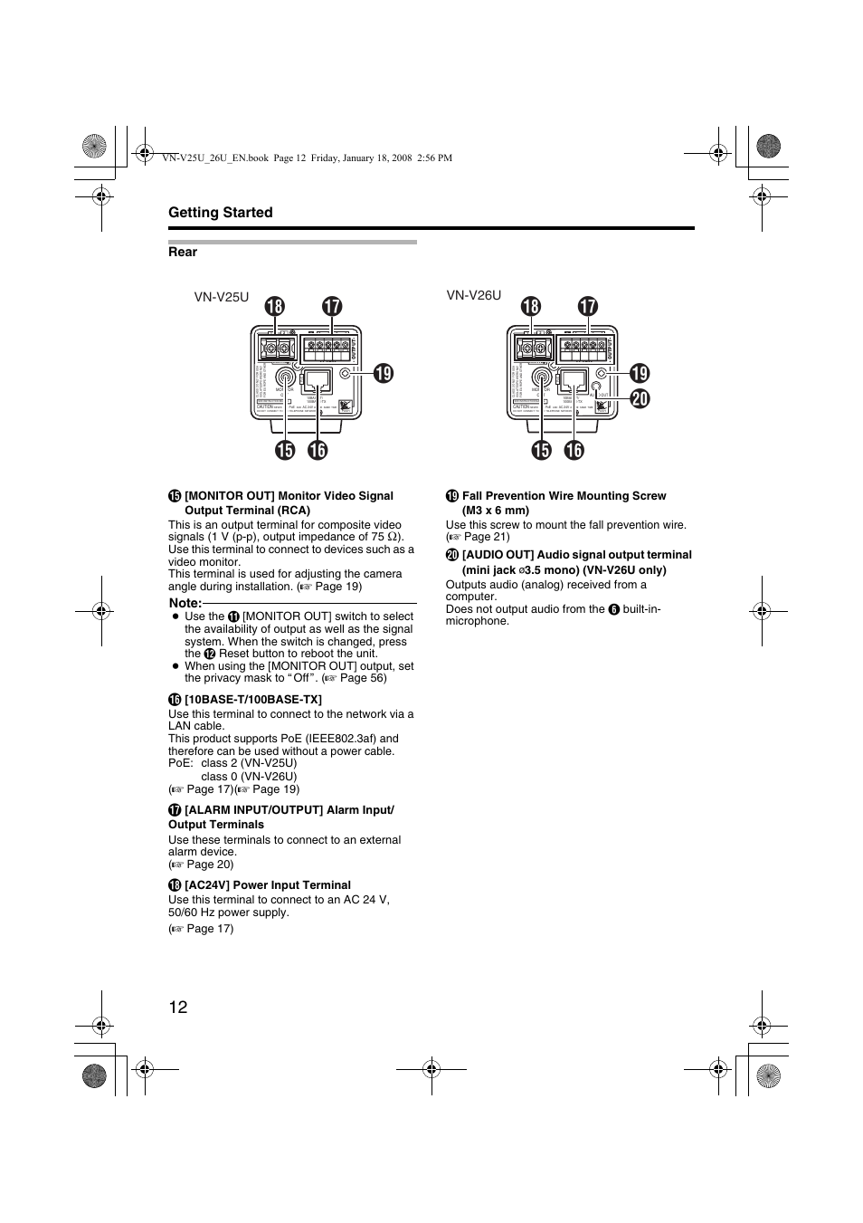 Rear, He o [moni, Getting started | Rear o, Vn-v25u vn-v26u | JVC VN-V25U VN-V26U User Manual | Page 12 / 104