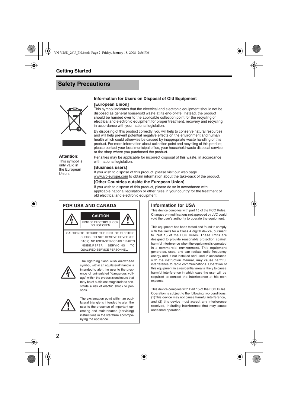 Getting started, Safety precautions | JVC VN-V25U VN-V26U User Manual | Page 2 / 104