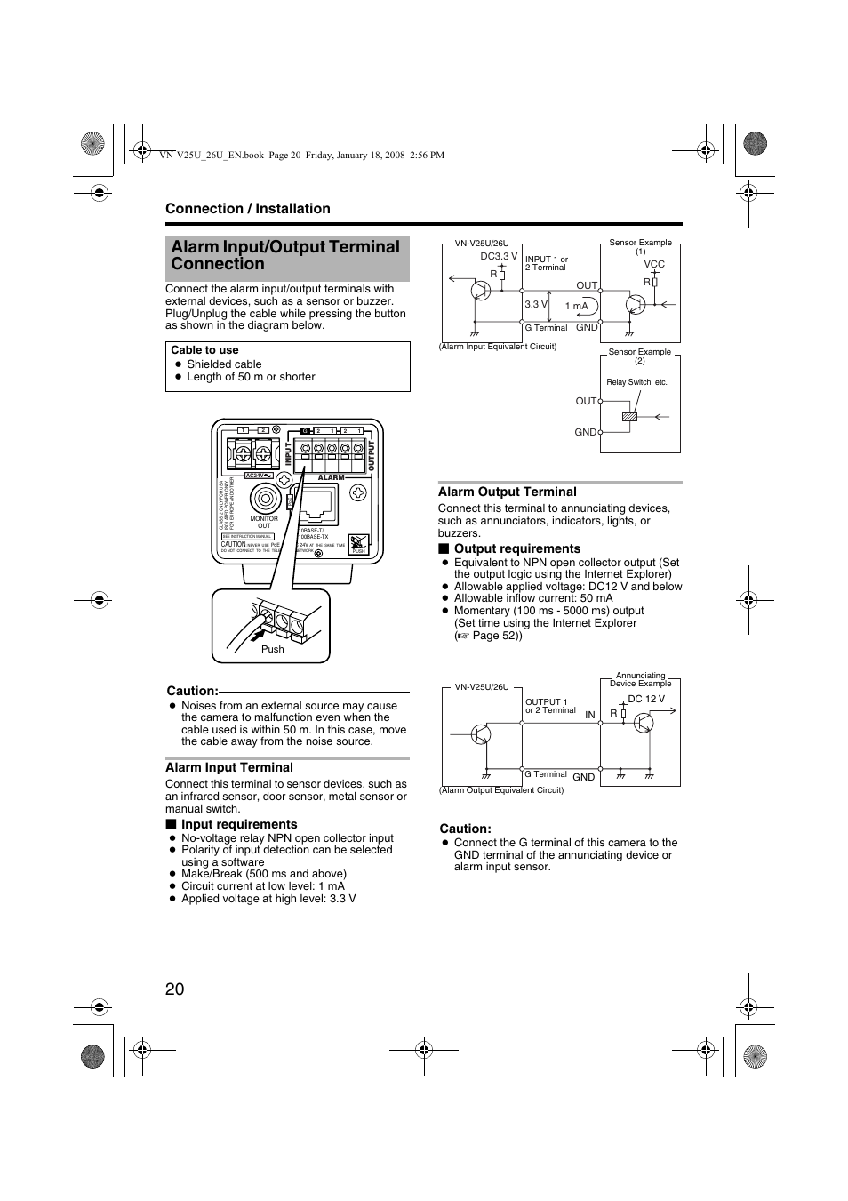 Alarm input/output terminal connection, Alarm input terminal, Alarm output terminal | Alarm input/output terminal, Connection, Alarm input terminal alarm output terminal, Connection / installation, Caution, Input requirements, Output requirements | JVC VN-V25U VN-V26U User Manual | Page 20 / 104