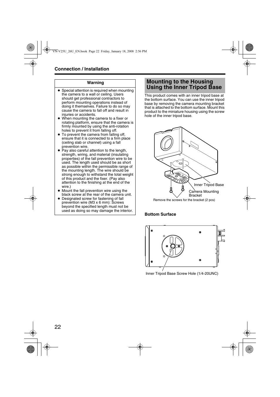 Mounting to the housing using the inner, Tripod base, Bracket | JVC VN-V25U VN-V26U User Manual | Page 22 / 104