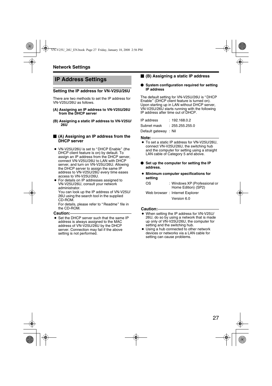 Network settings, Ip address settings, Setting the ip address for vn-v25u/26u | Setting the ip address for, Vn-v25u/26u, Ttings | JVC VN-V25U VN-V26U User Manual | Page 27 / 104