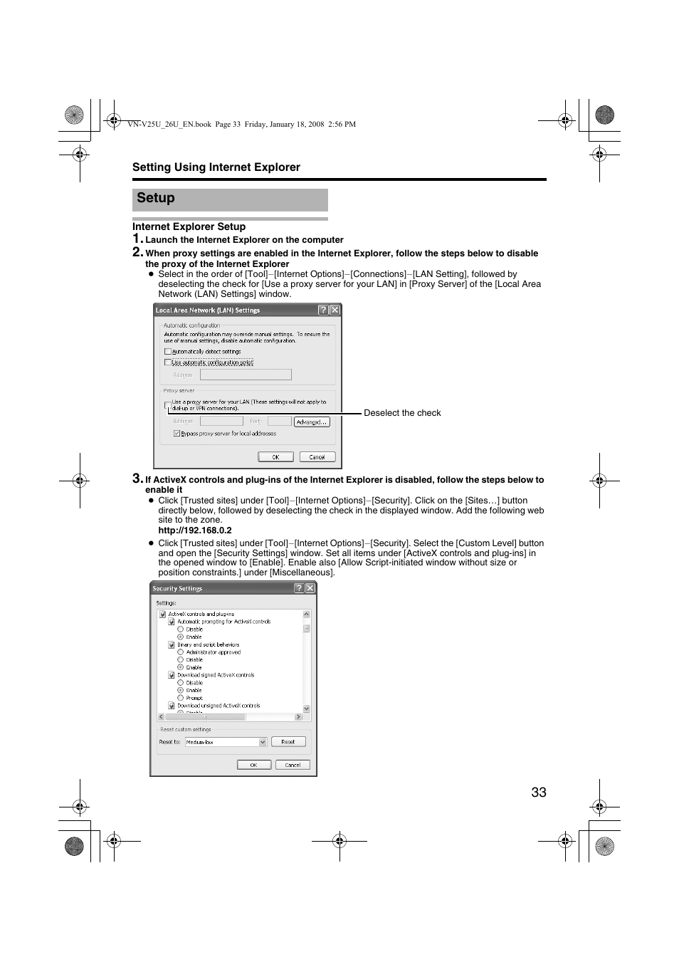 Setting using internet explorer, Setup, Internet explorer setup | Asetting using internet explorerb | JVC VN-V25U VN-V26U User Manual | Page 33 / 104