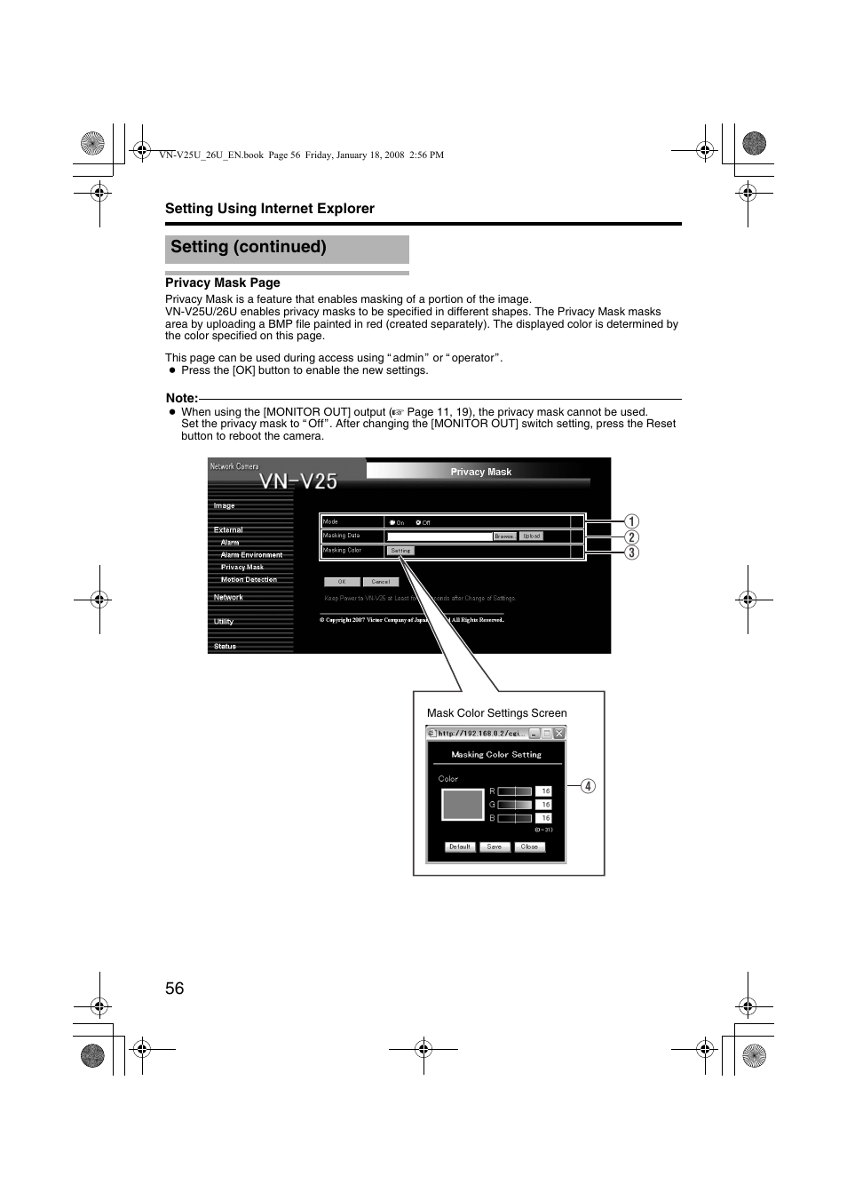 Be displayed on qvga images, Setting (continued) | JVC VN-V25U VN-V26U User Manual | Page 56 / 104