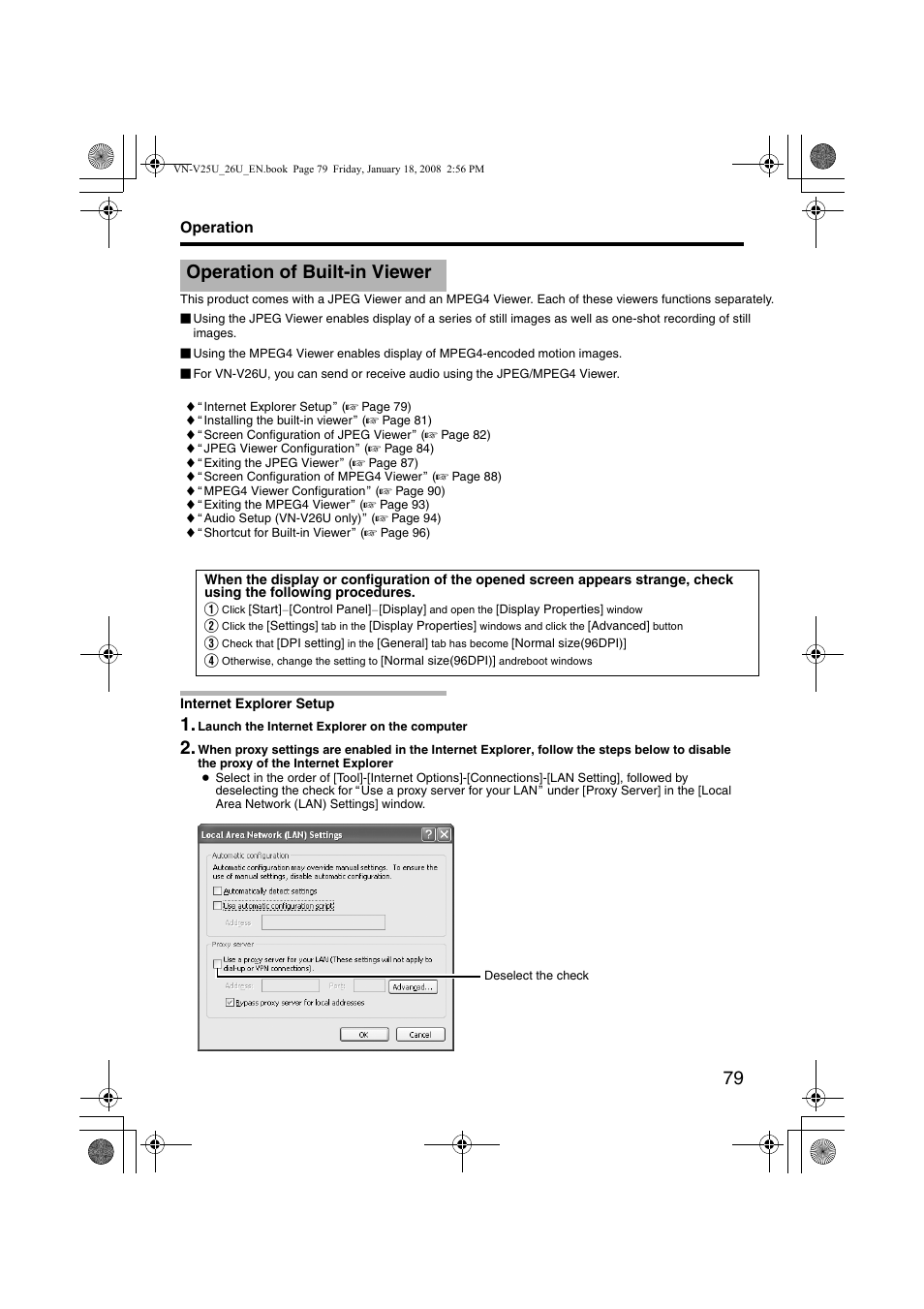 Operation, Operation of built-in viewer, Internet explorer setup | JVC VN-V25U VN-V26U User Manual | Page 79 / 104