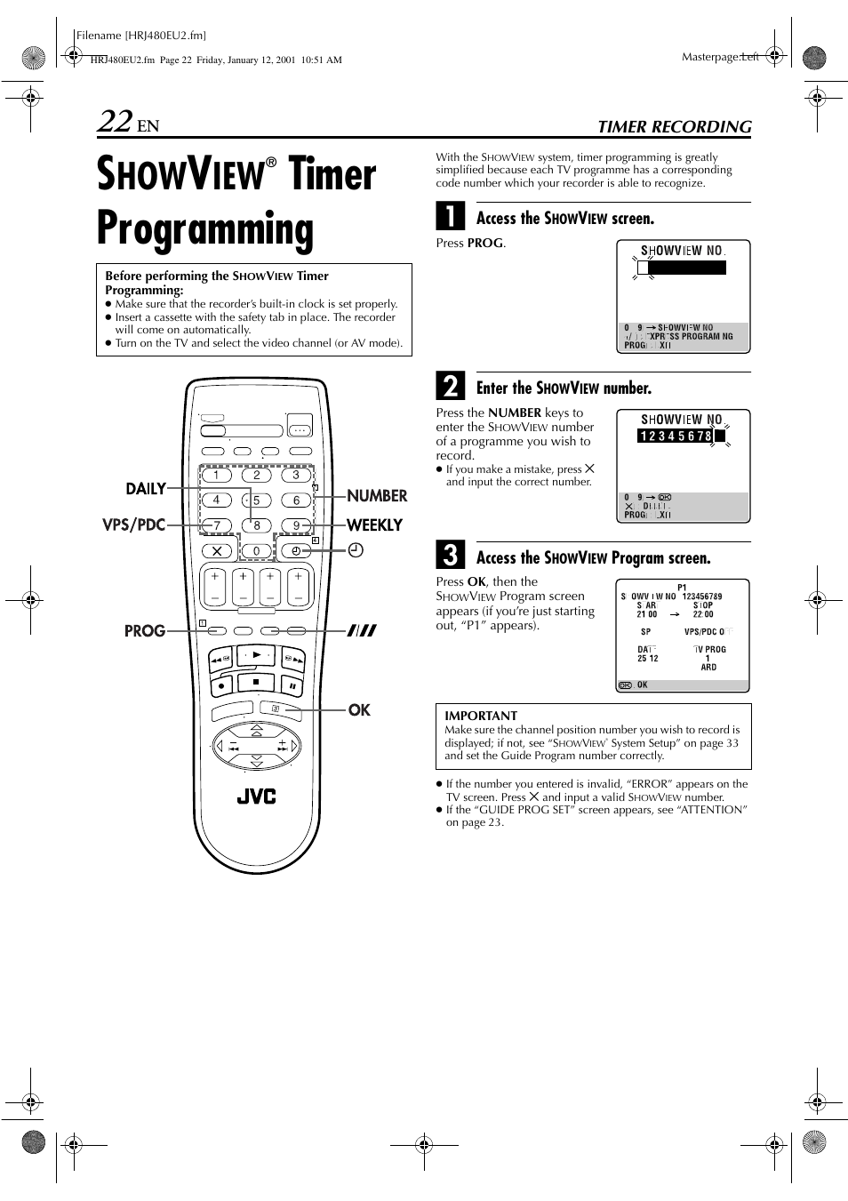 Showview timer programming timer, Timer programming | JVC HR-J480EU  EN User Manual | Page 22 / 52