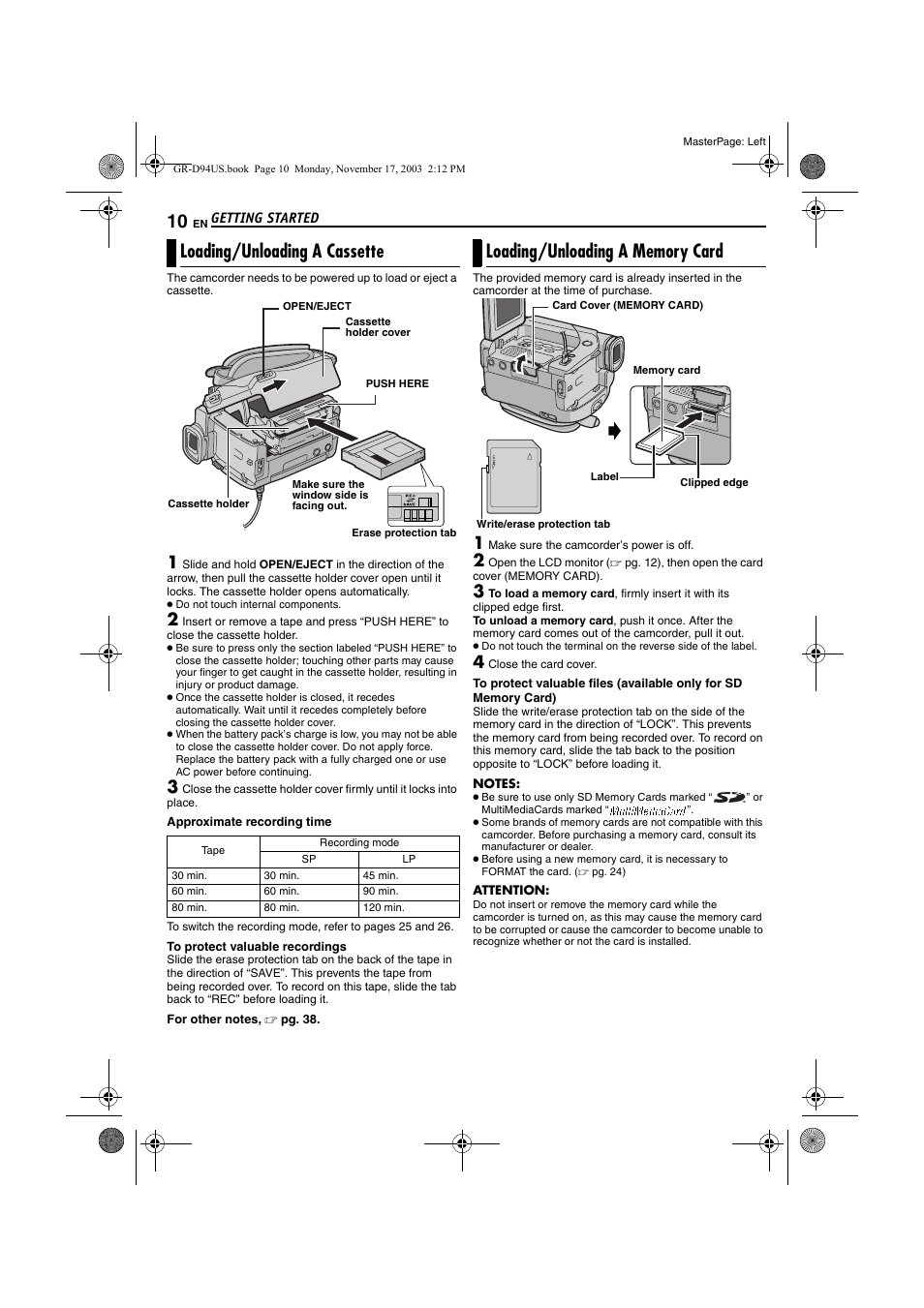 Loading/unloading a cassette, Loading/unloading a memory card | JVC GR-D74 User Manual | Page 10 / 56