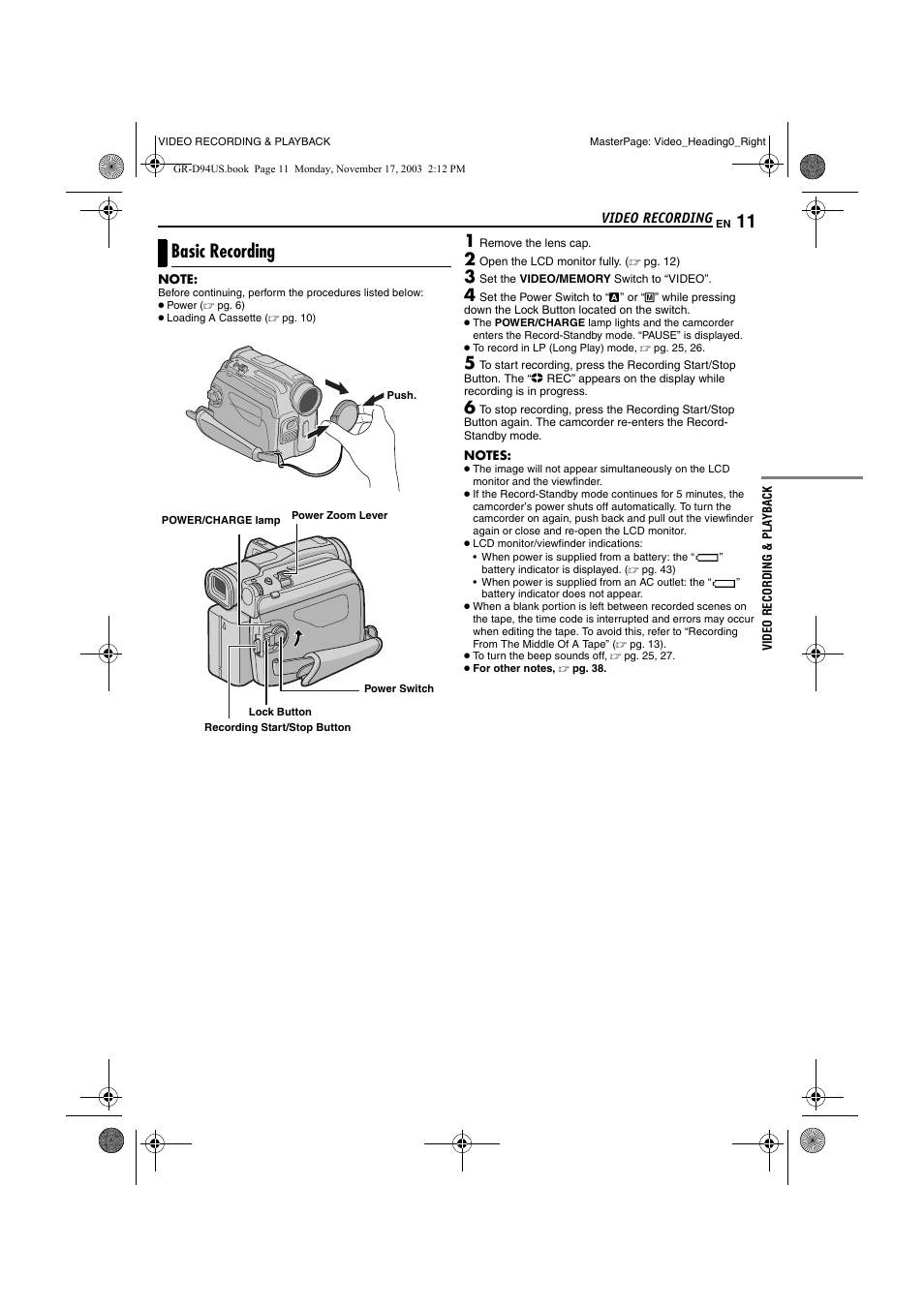 Video recording & playback, Video recording, Basic recording | JVC GR-D74 User Manual | Page 11 / 56