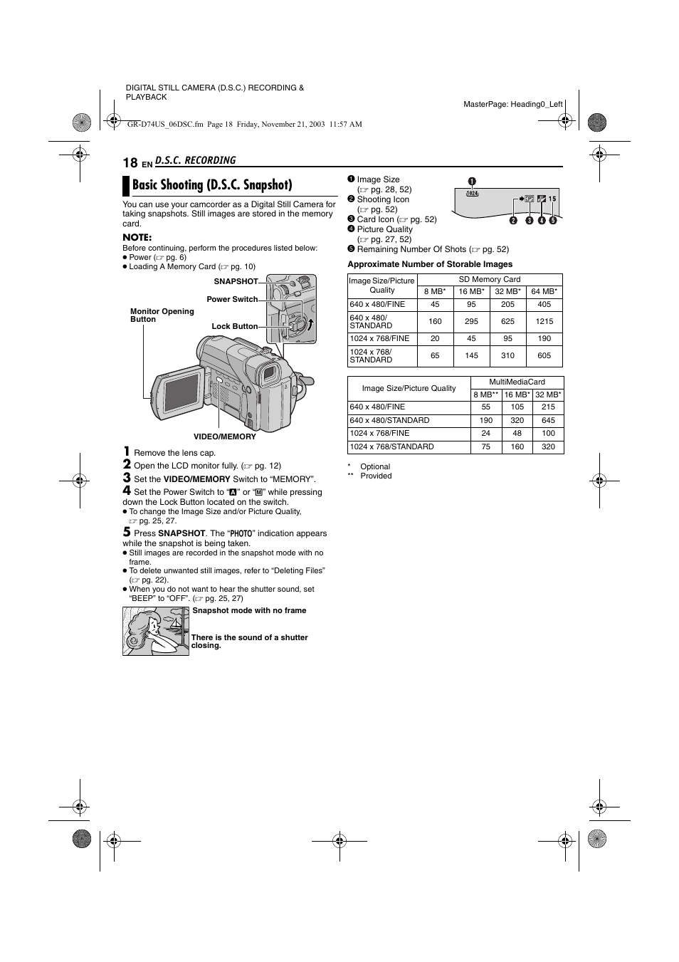 Digital still camera (d.s.c.) recording & playback, D.s.c. recording, Basic shooting (d.s.c. snapshot) | JVC GR-D74 User Manual | Page 18 / 56
