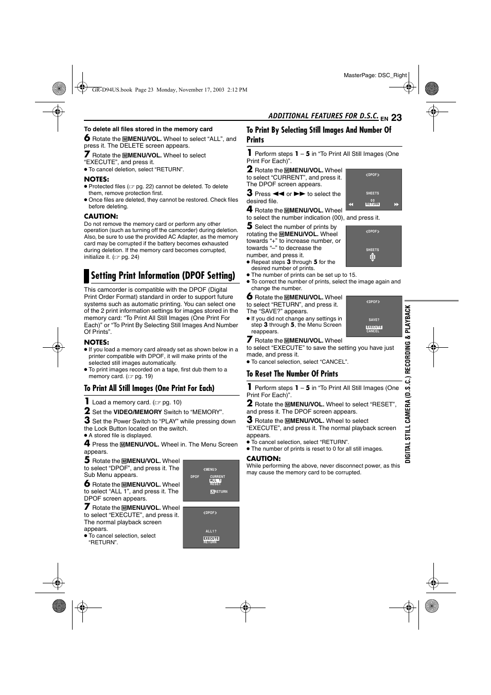 Setting print information (dpof setting), To print all still images (one print for each), To reset the number of prints | JVC GR-D74 User Manual | Page 23 / 56