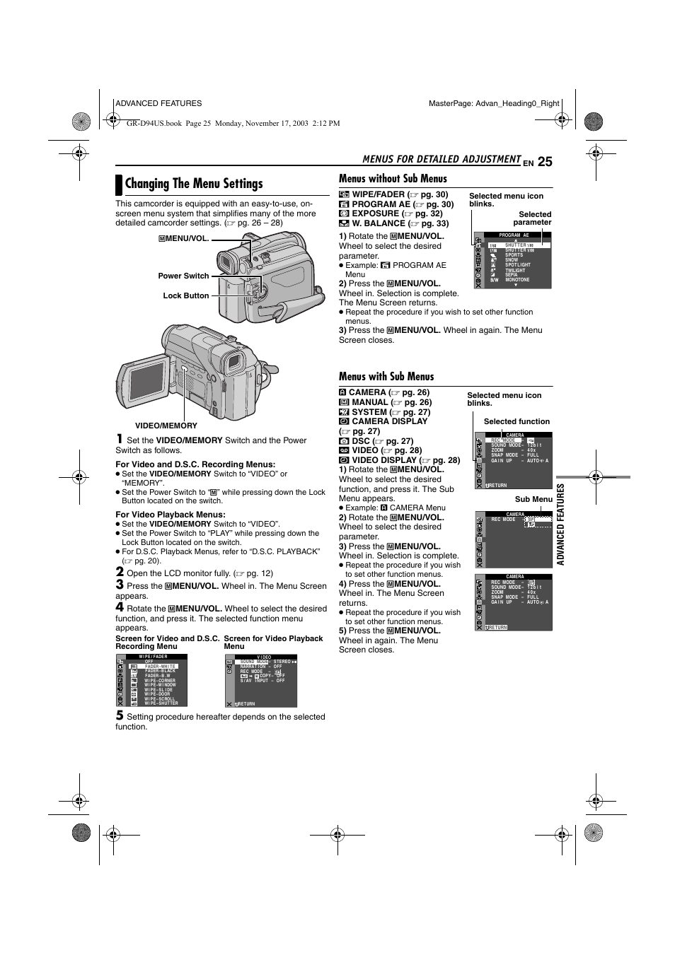 Advanced features, Menus for detailed adjustment, Changing the menu settings | Menus without sub menus, Menus with sub menus, Pg. 25, 27), Pg. 25, 28, Pg. 25), Pg. 25, 27) an, 25 a | JVC GR-D74 User Manual | Page 25 / 56