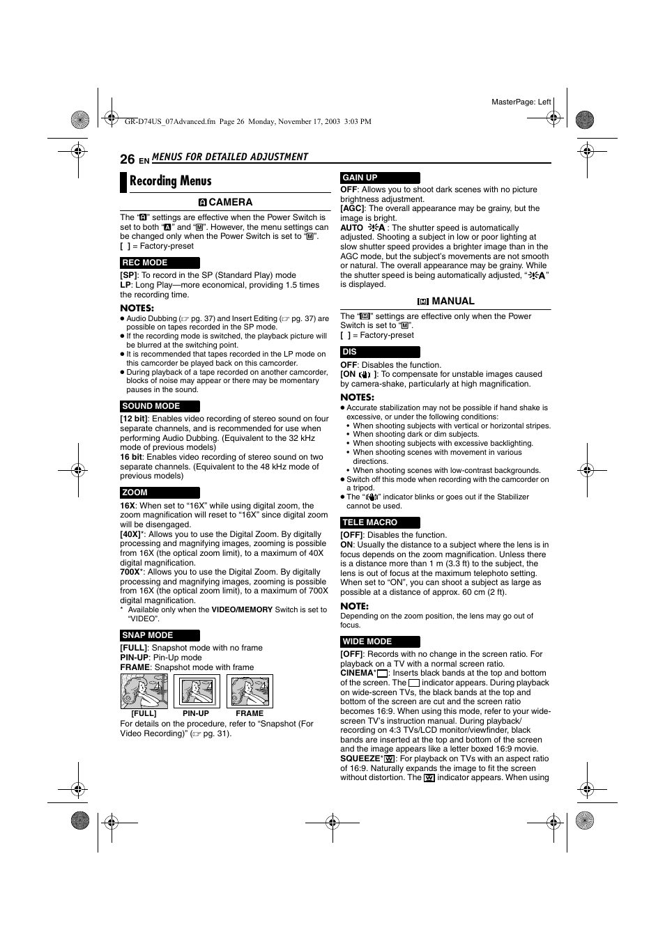 Recording menus, Nd 26, Pg. 26) | Pg. 26) is | JVC GR-D74 User Manual | Page 26 / 56