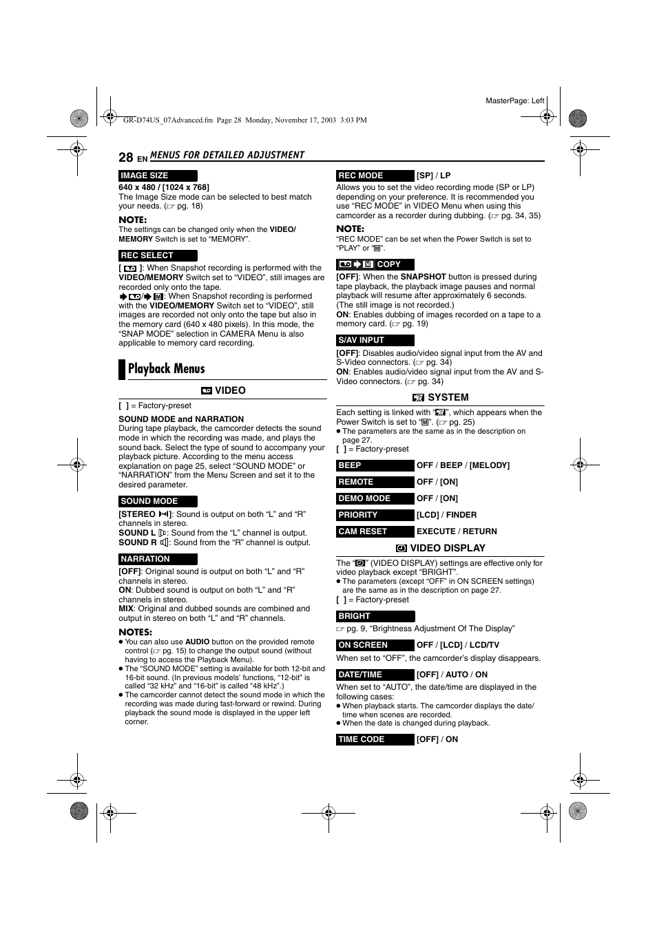 Playback menus, Pg. 28), st, Pg. 28 | JVC GR-D74 User Manual | Page 28 / 56