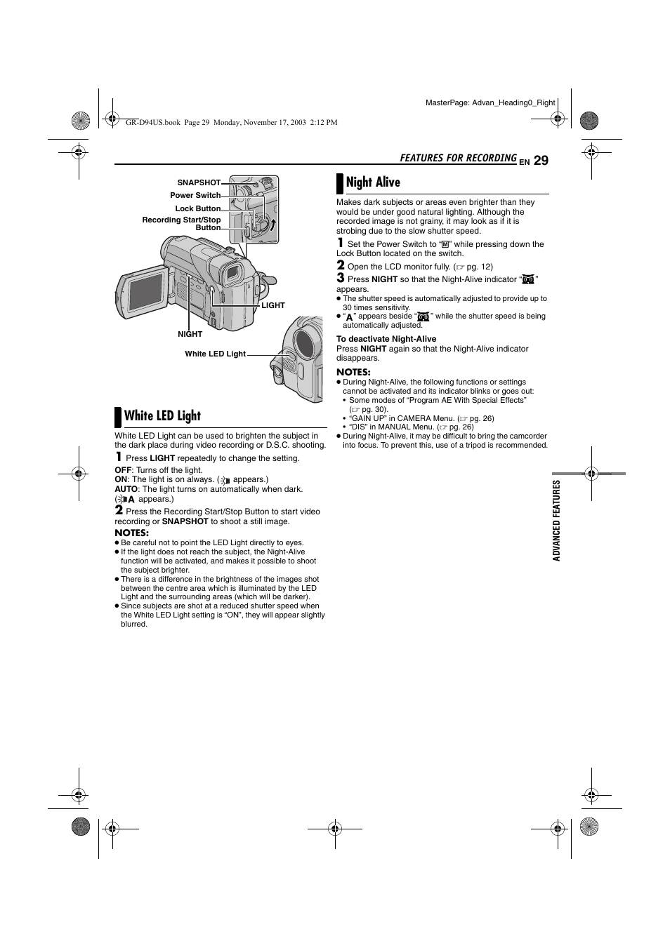 Features for recording, White led light, Night alive | JVC GR-D74 User Manual | Page 29 / 56