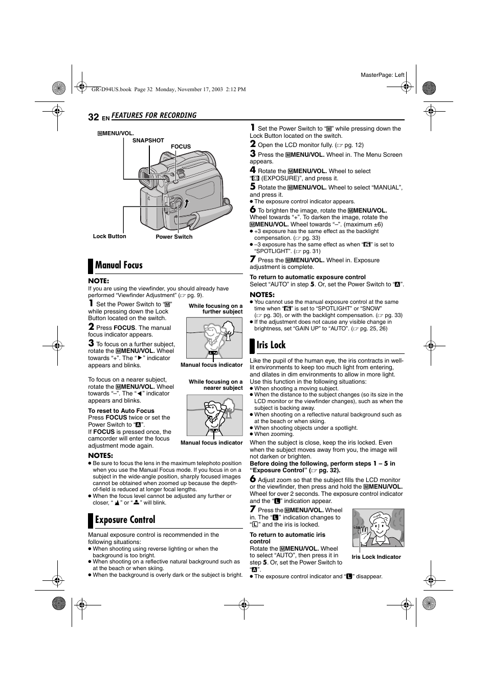 Manual focus, Exposure control, Iris lock | Pg. 32), Manual focus”), Manual focus exposure control | JVC GR-D74 User Manual | Page 32 / 56