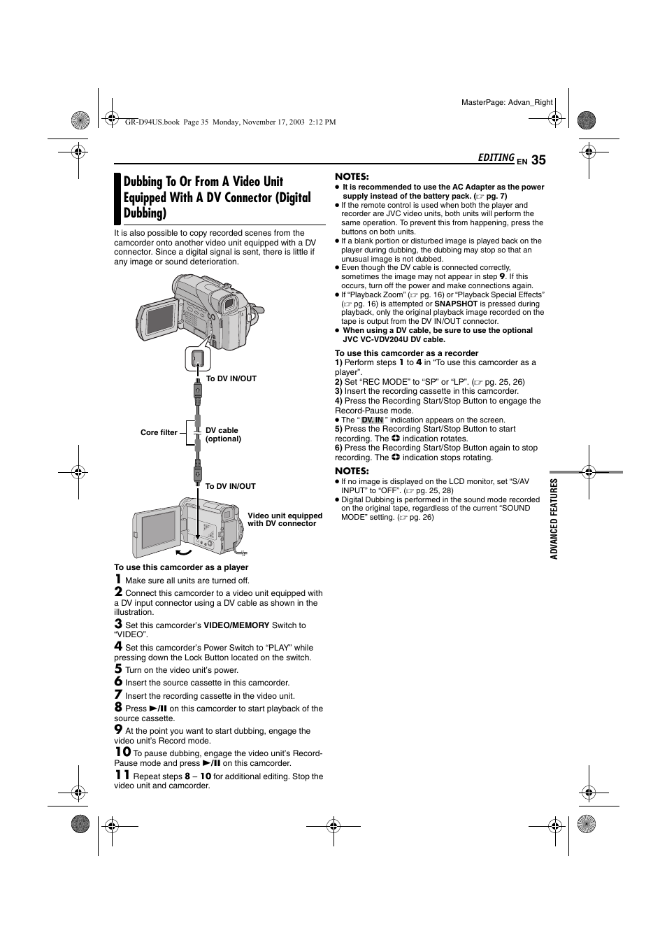 Dubbing to or from a video unit equipped with a dv, Connector (digital dubbing) | JVC GR-D74 User Manual | Page 35 / 56