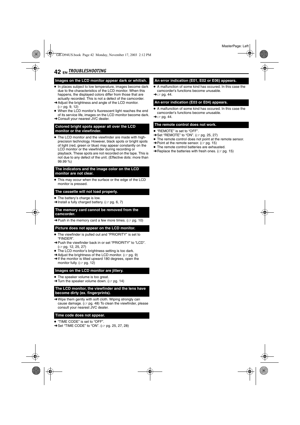 Pg. 42), Troubleshooting | JVC GR-D74 User Manual | Page 42 / 56