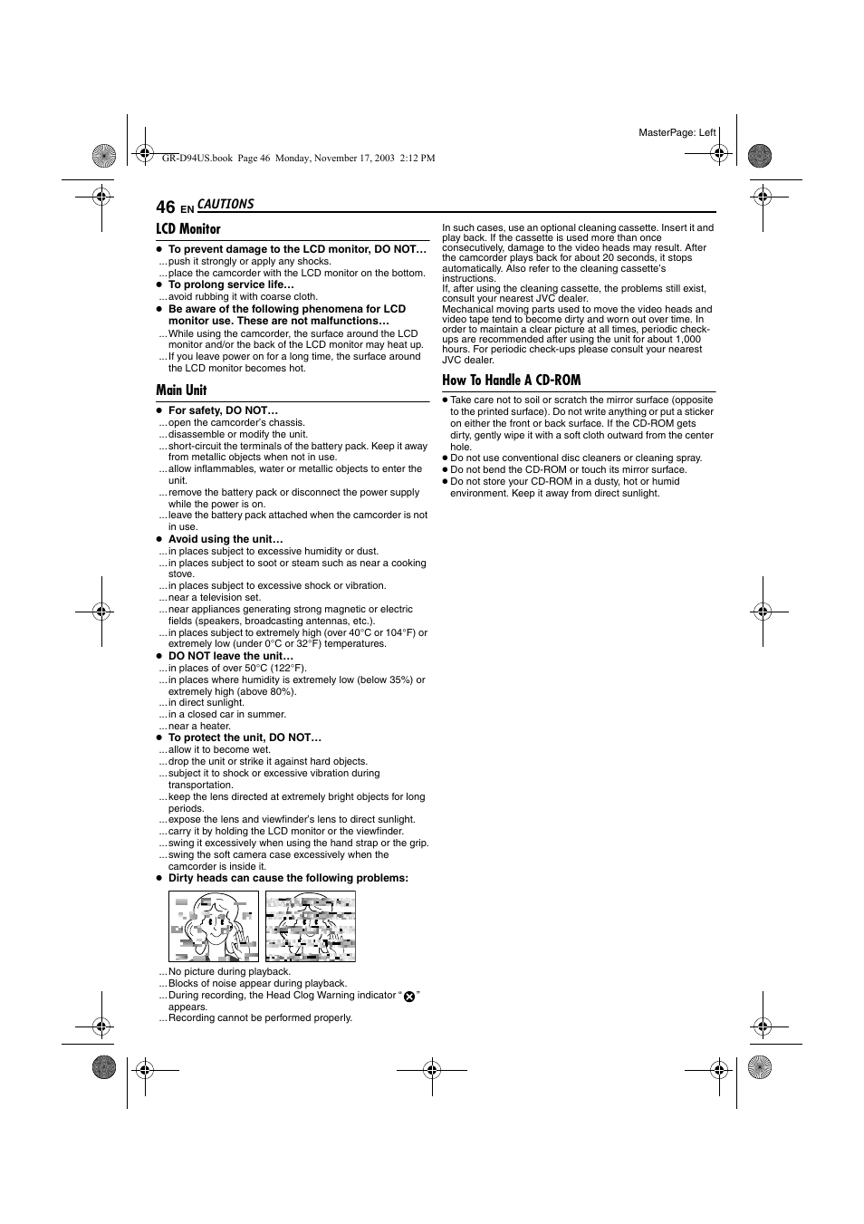 Lcd monitor, Main unit, How to handle a cd-rom | Pg. 46, Pg. 46), Heads during | JVC GR-D74 User Manual | Page 46 / 56