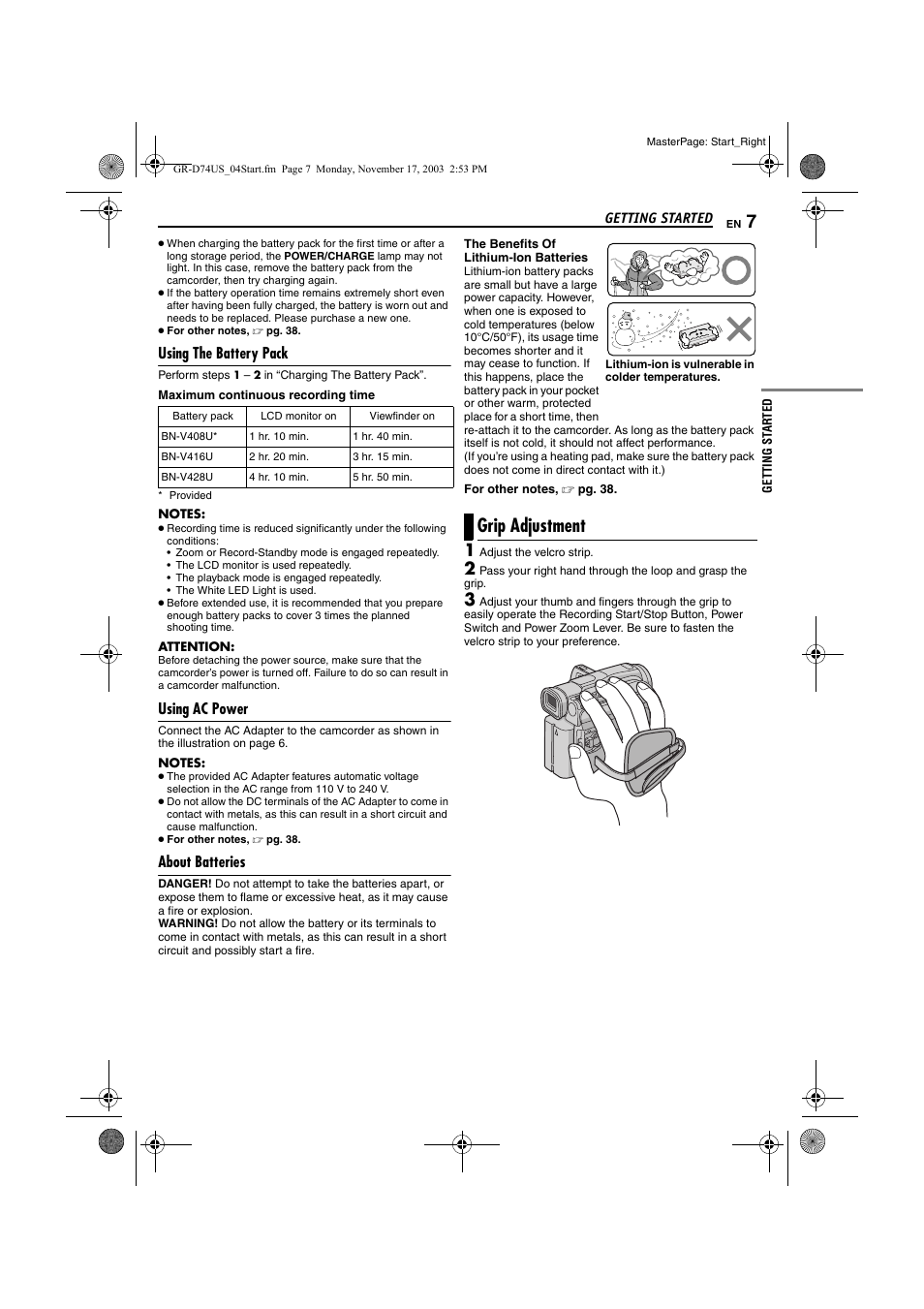 Using the battery pack, Using ac power, About batteries | Grip adjustment | JVC GR-D74 User Manual | Page 7 / 56