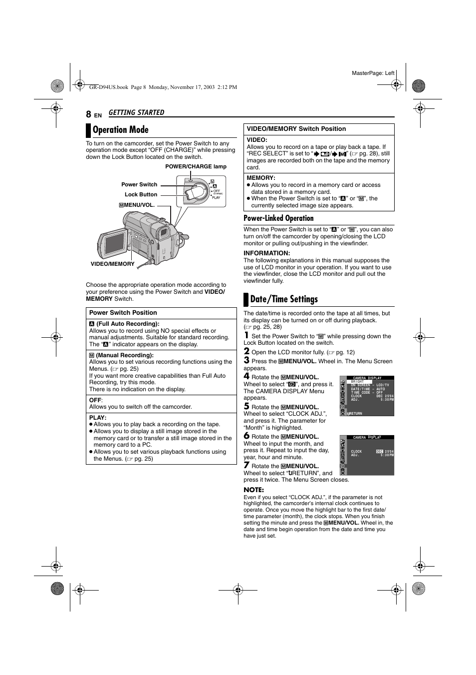 Operation mode, Power-linked operation, Date/time settings | Operation mode date/time settings, Getting started, Open the lcd monitor fully. ( ੬ pg. 12) | JVC GR-D74 User Manual | Page 8 / 56