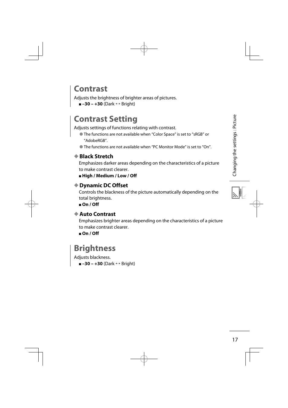 Contrast, Contrast setting, Brightness | JVC LT-42WX70EU User Manual | Page 103 / 204