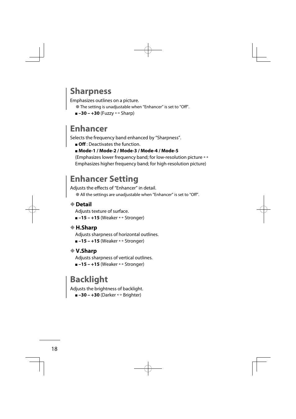 Sharpness, Enhancer, Enhancer setting | Backlight | JVC LT-42WX70EU User Manual | Page 104 / 204