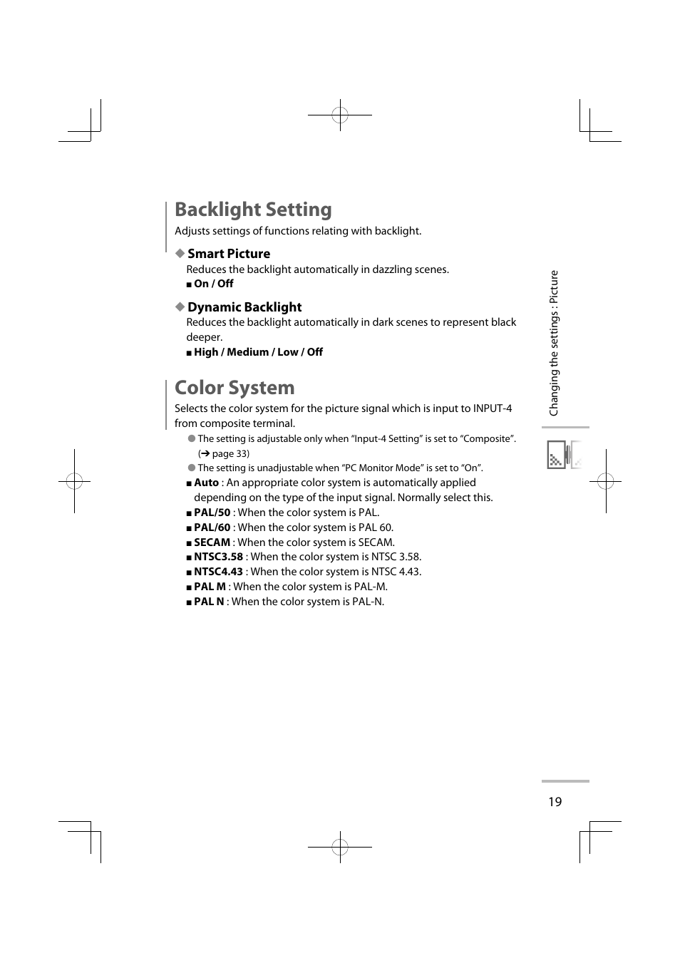 Backlight setting, Color system, Smart picture | Dynamic backlight | JVC LT-42WX70EU User Manual | Page 105 / 204