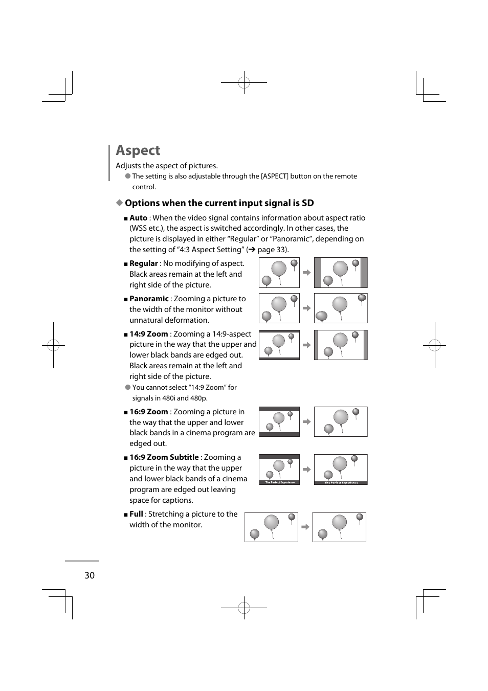 Aspect, Options when the current input signal is sd | JVC LT-42WX70EU User Manual | Page 116 / 204