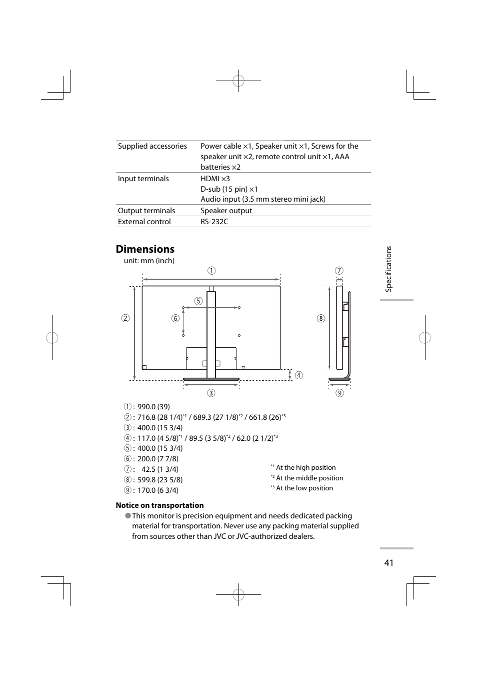 Dimensions | JVC LT-42WX70EU User Manual | Page 127 / 204