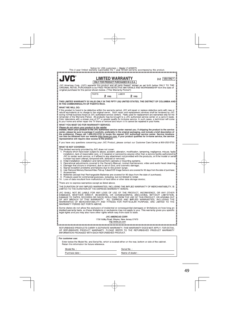 Limited warranty | JVC LT-42WX70EU User Manual | Page 135 / 204