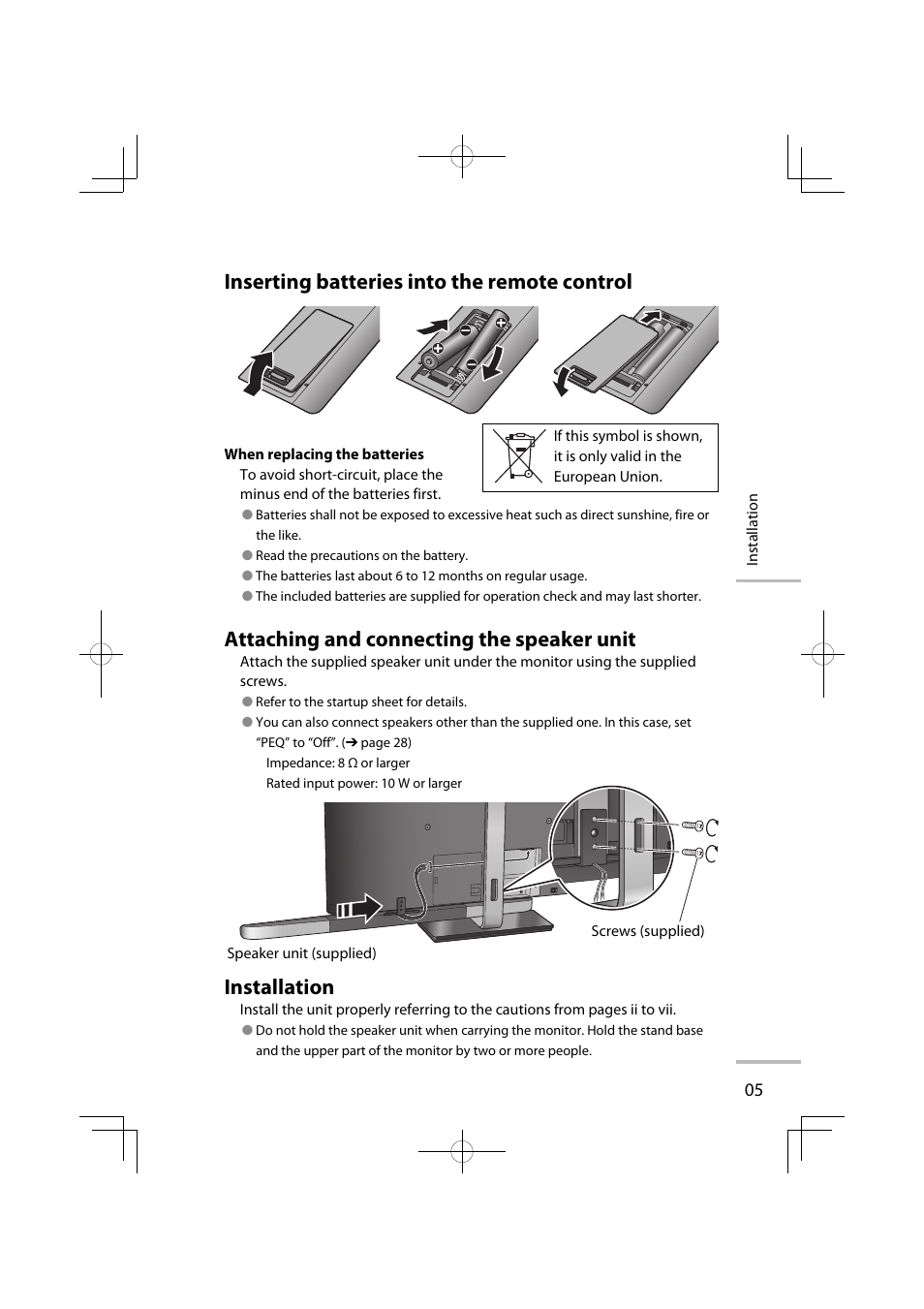 Inserting batteries into the remote control, Attaching and connecting the speaker unit, Installation | JVC LT-42WX70EU User Manual | Page 147 / 204