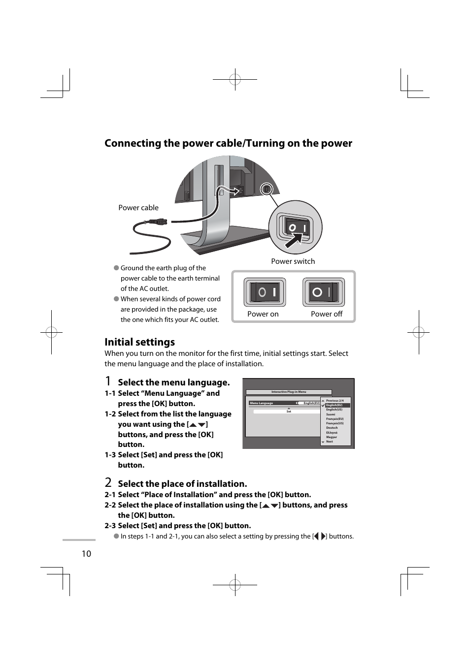 Connecting the power cable/turning on the power, Initial settings, Select the menu language | Select the place of installation | JVC LT-42WX70EU User Manual | Page 152 / 204