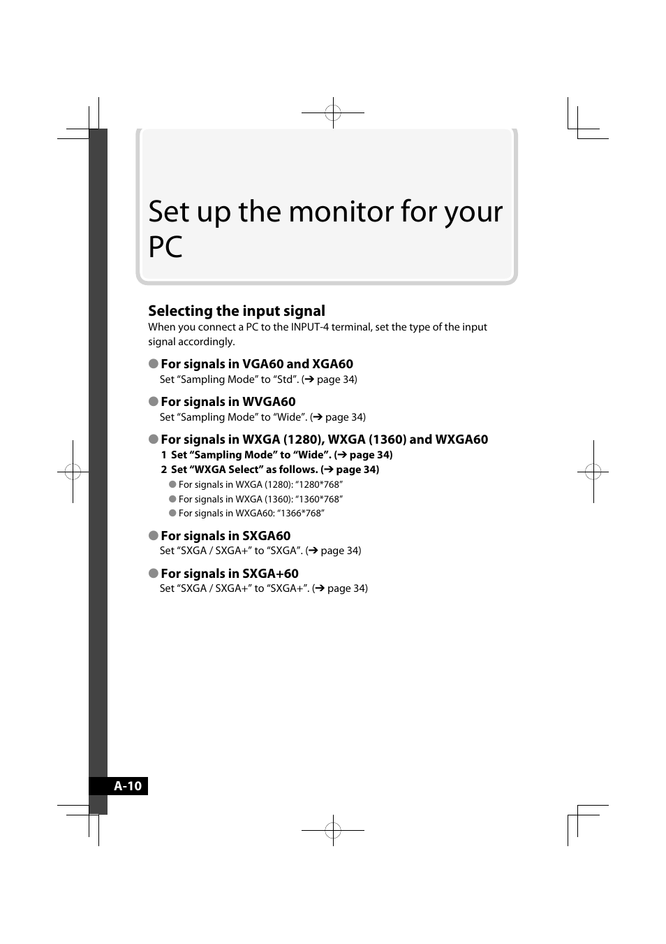 Set up the monitor for your pc, Selecting the input signal | JVC LT-42WX70EU User Manual | Page 166 / 204