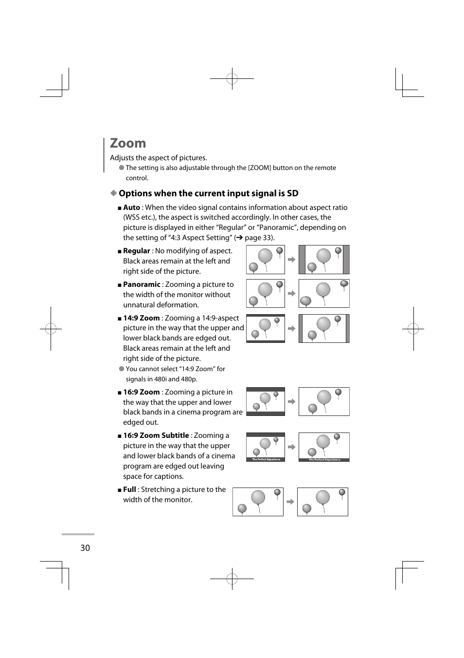 Zoom, Options when the current input signal is sd | JVC LT-42WX70EU User Manual | Page 184 / 204