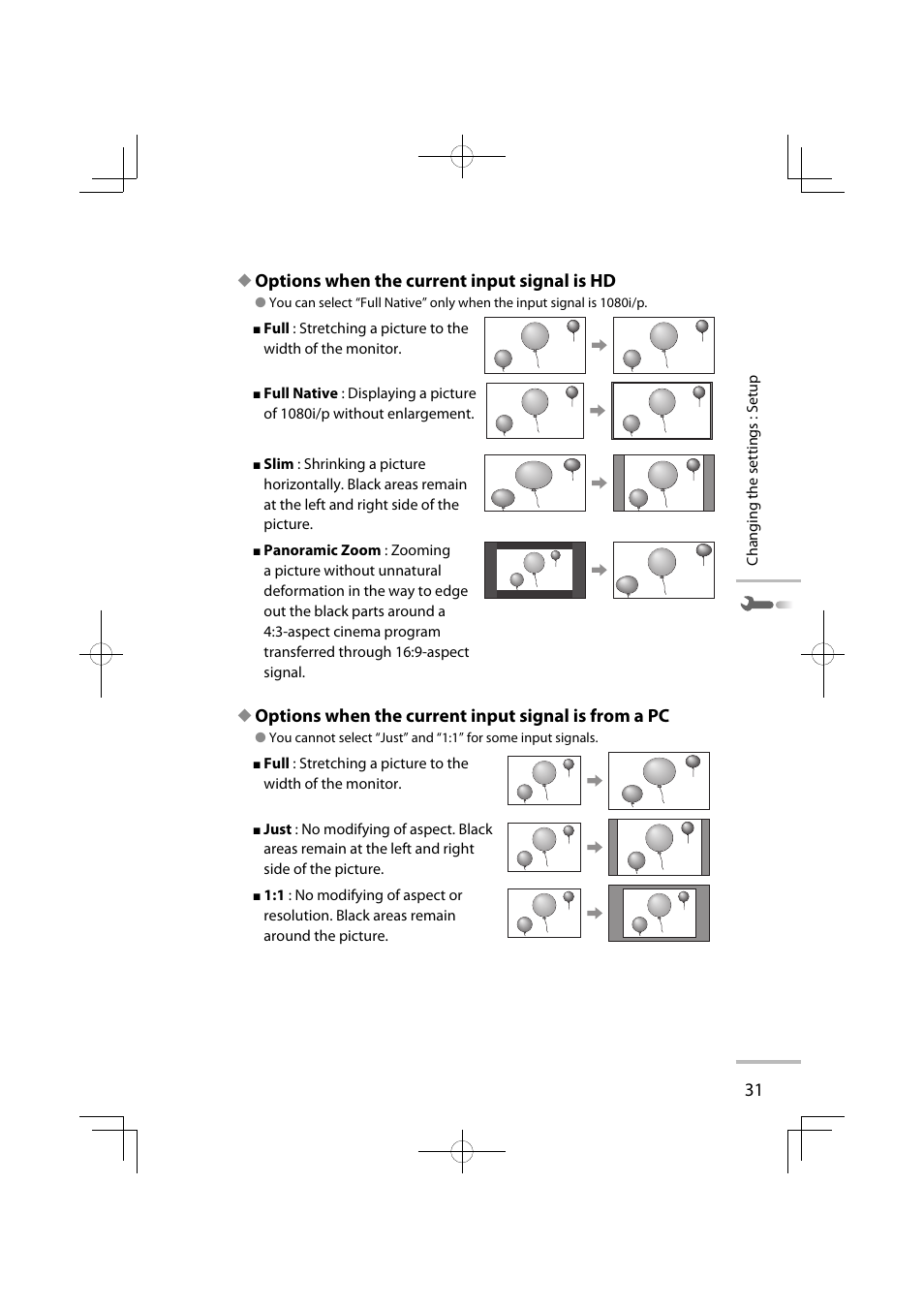 Options when the current input signal is hd, Options when the current input signal is from a pc | JVC LT-42WX70EU User Manual | Page 185 / 204