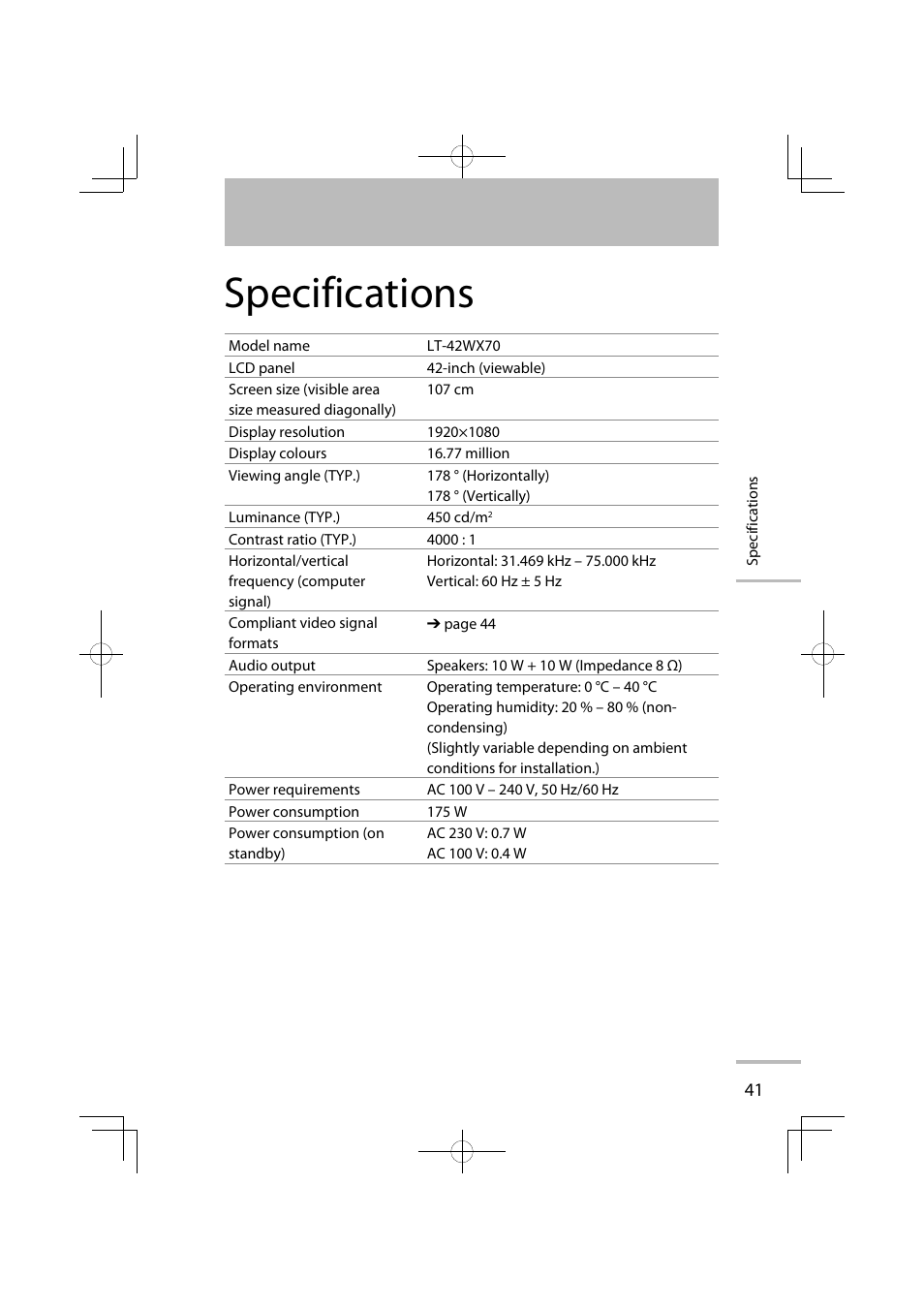 Specifications | JVC LT-42WX70EU User Manual | Page 195 / 204