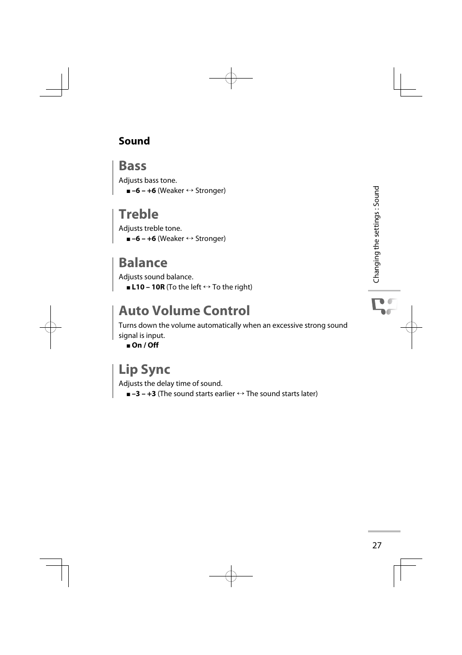 Bass, Treble, Balance | Auto volume control, Lip sync, Sound | JVC LT-42WX70EU User Manual | Page 45 / 204