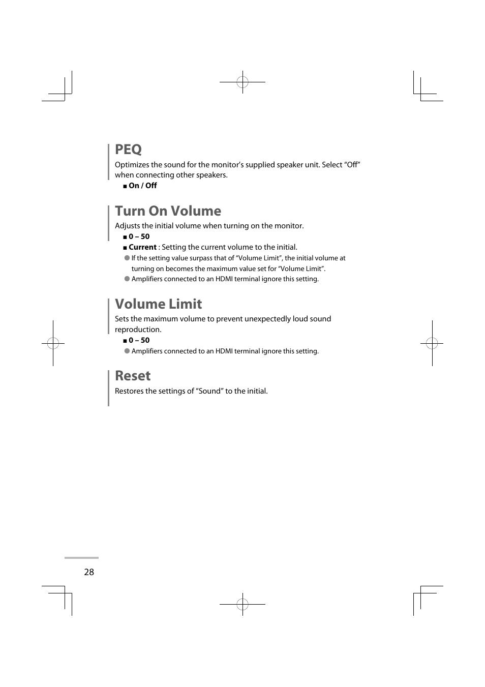 Turn on volume, Volume limit, Reset | JVC LT-42WX70EU User Manual | Page 46 / 204