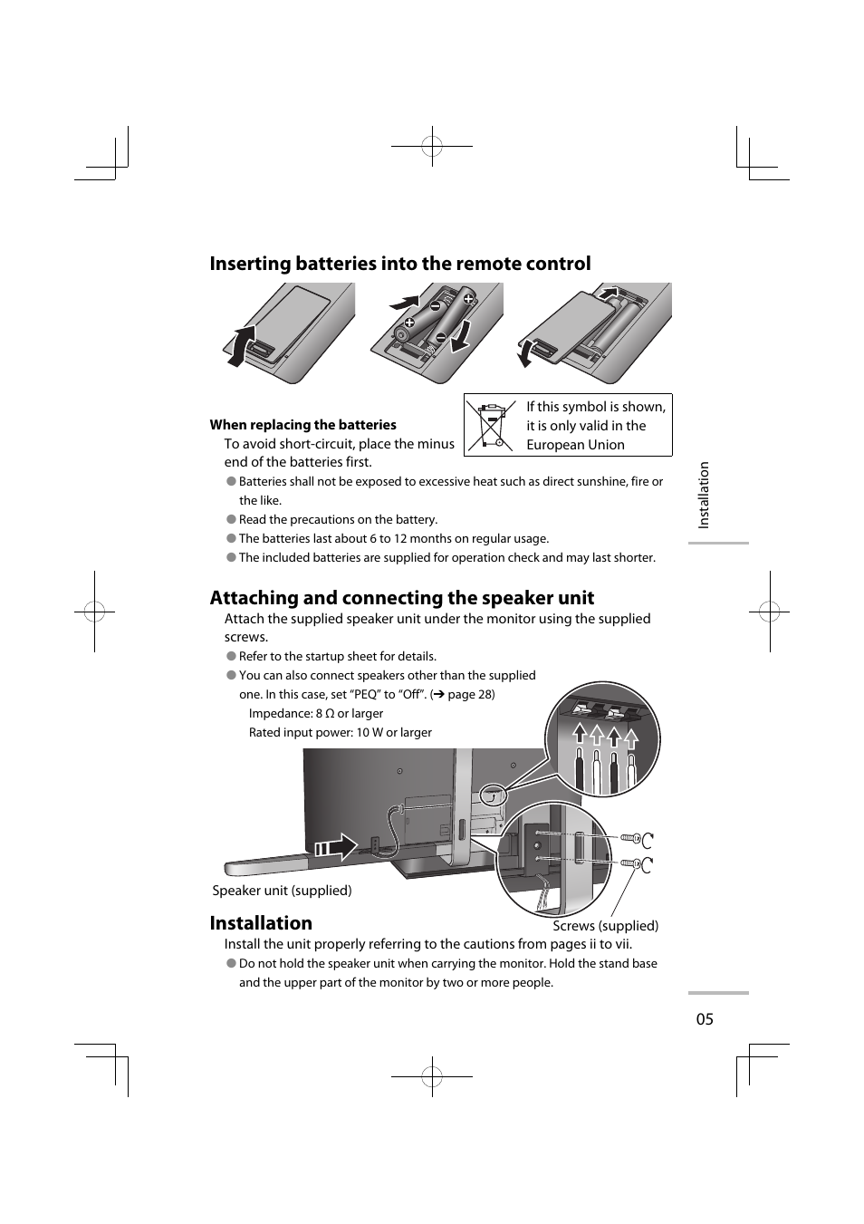 Inserting batteries into the remote control, Attaching and connecting the speaker unit, Installation | JVC LT-42WX70EU User Manual | Page 79 / 204