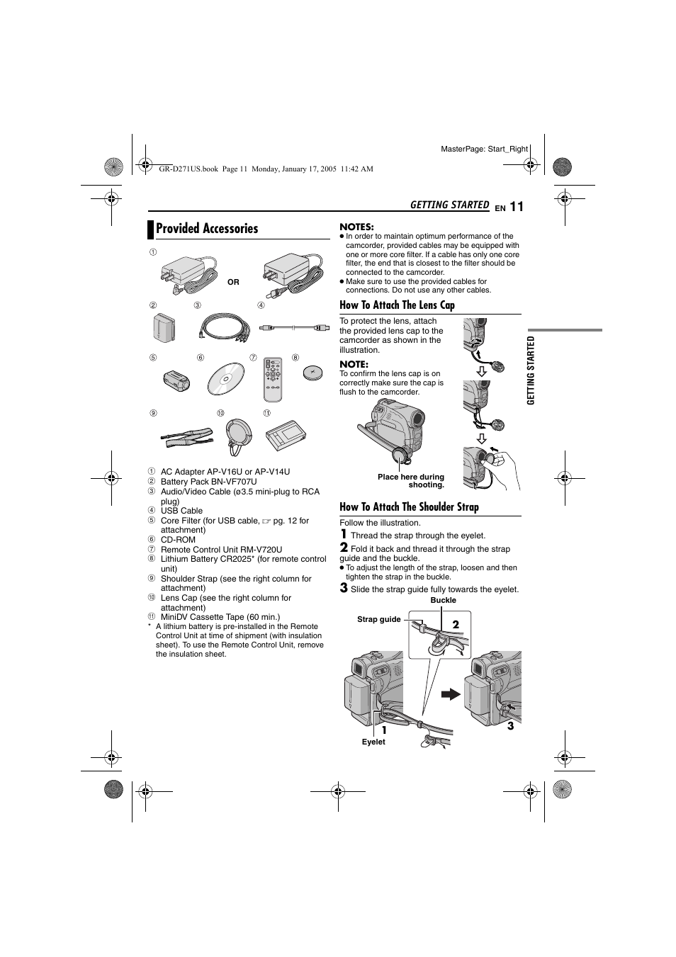 Provided accessories, How to attach the lens cap, How to attach the shoulder strap | Pg. 11) | JVC GR-D271 User Manual | Page 11 / 56