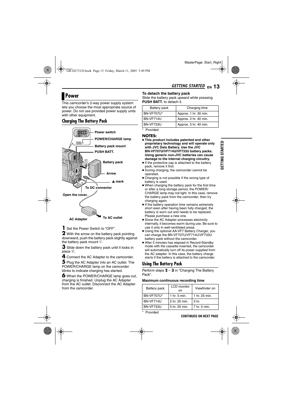 Power, Charging the battery pack, Using the battery pack | Pg. 13), Pg. 13 | JVC GR-D271 User Manual | Page 13 / 56